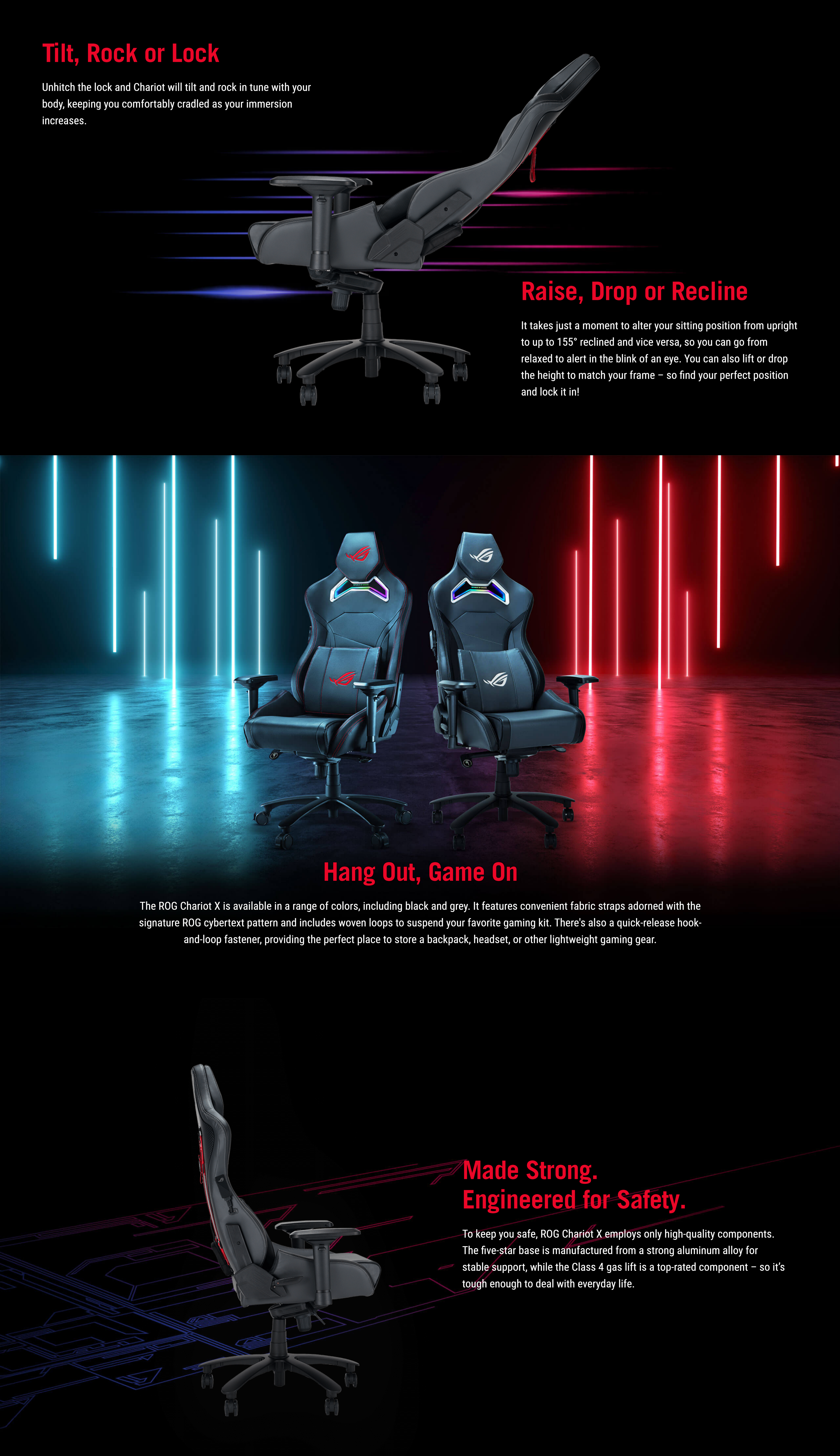 A large marketing image providing additional information about the product ASUS ROG Chariot X Gaming Chair - Black - Additional alt info not provided